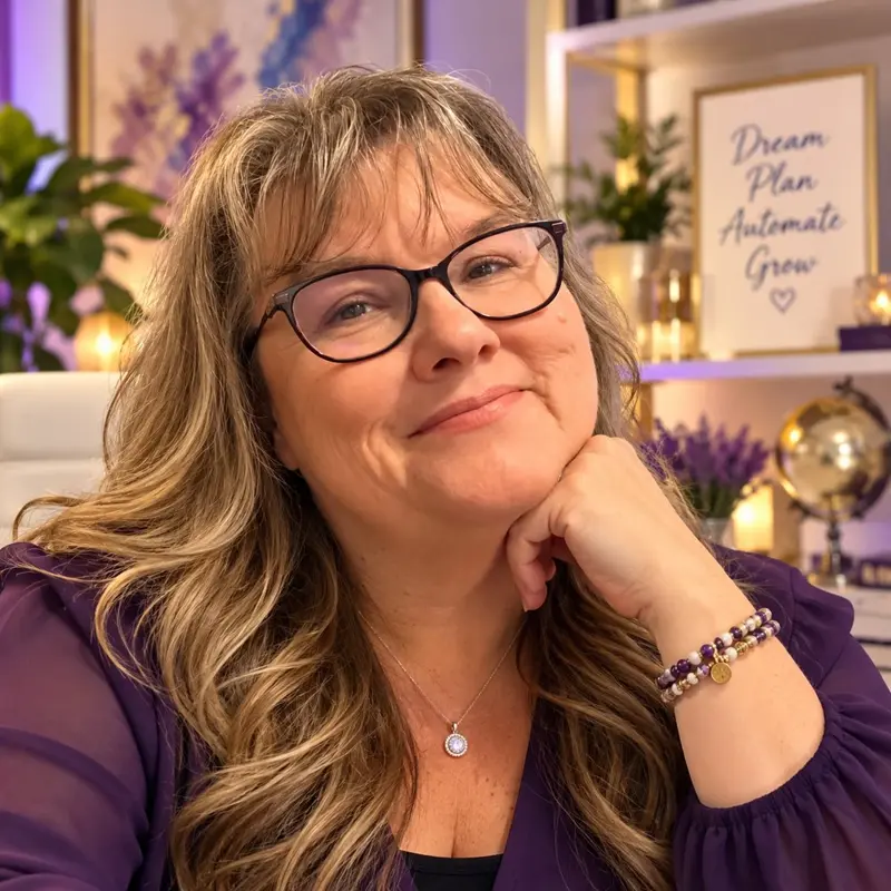 Christy Perkins smiling in her purple and gold office