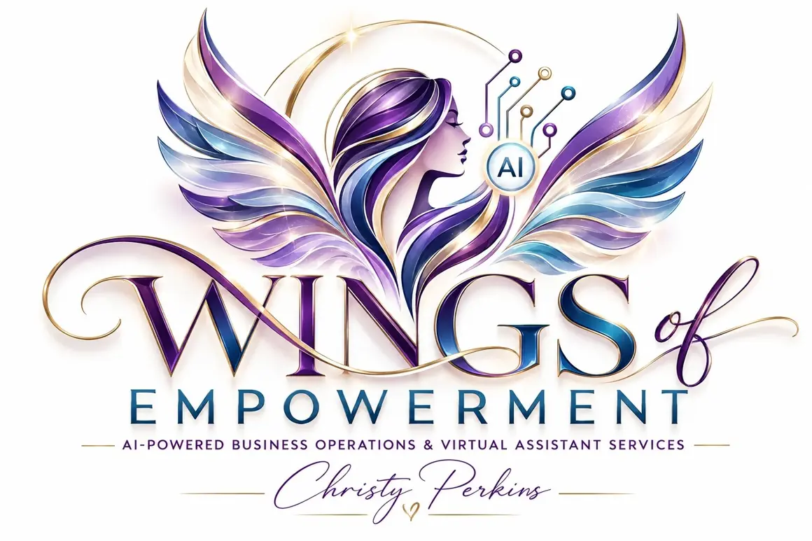 Wings of Empowerment logo — winged woman with AI circuitry, Christy Perkins